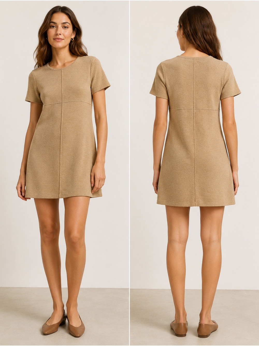 Zara Short-Sleeve Mini Dress in Camel